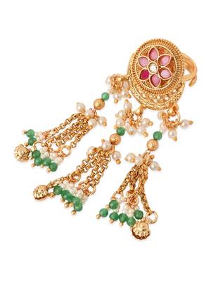Rajwadi plated brass adjustable finger ring with pearl beads & green latkan chain detailing for women  4