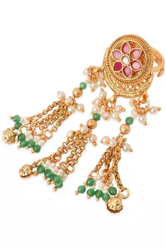 Rajwadi plated brass adjustable finger ring with pearl beads & green latkan chain detailing for women 