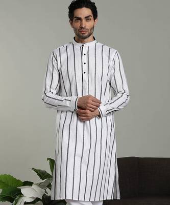 Mens stylish white linen kurta pyjama set 1