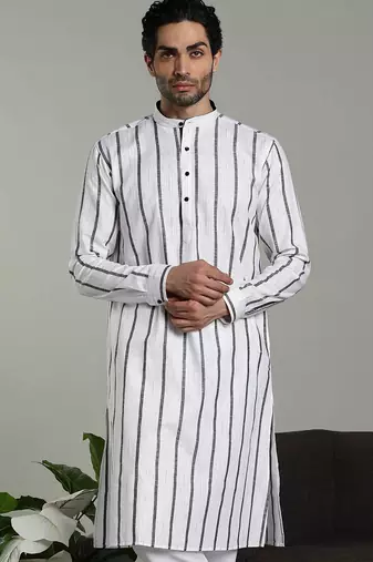 Mens stylish white linen kurta pyjama set