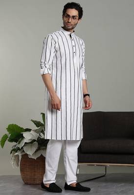 Mens stylish white linen kurta pyjama set 3