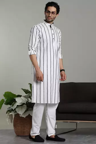 Mens stylish white linen kurta pyjama set