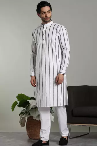 Mens stylish white linen kurta pyjama set