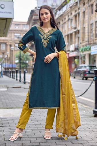 Women Embroidered Straight Kurta With Trousers & Dupatta