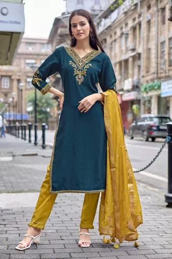 Women Embroidered Straight Kurta With Trousers & Dupatta