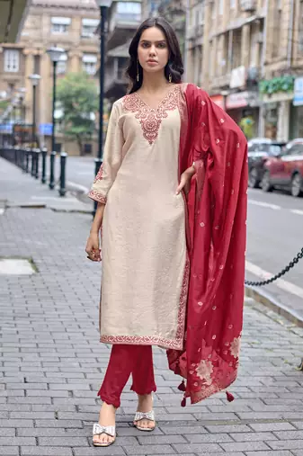 Women Embroidered Straight Kurta With Trousers & Dupatta
