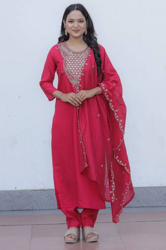 Viscose Chanderi Fabric Embroidery Work Rani Pink A-line Kurta Set