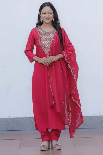 Viscose Chanderi Fabric Embroidery Work Rani Pink A-line Kurta Set