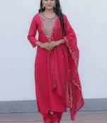 Viscose Chanderi Fabric Embroidery Work Rani Pink A-line Kurta Set