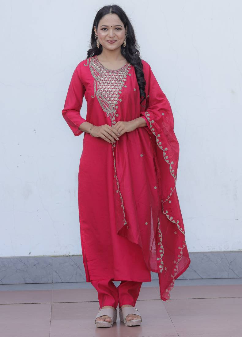 Viscose Chanderi Fabric Embroidery Work Rani Pink A-line Kurta Set