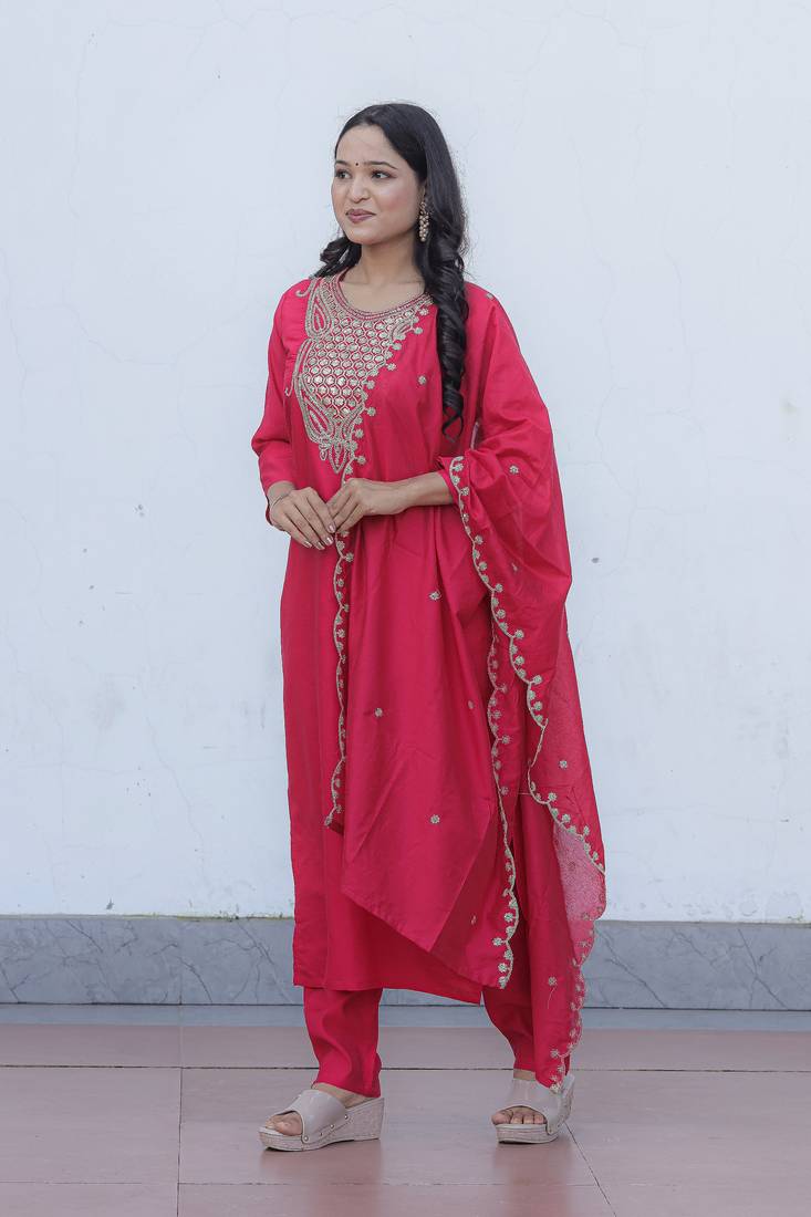 Viscose Chanderi Fabric Embroidery Work Rani Pink A-line Kurta Set