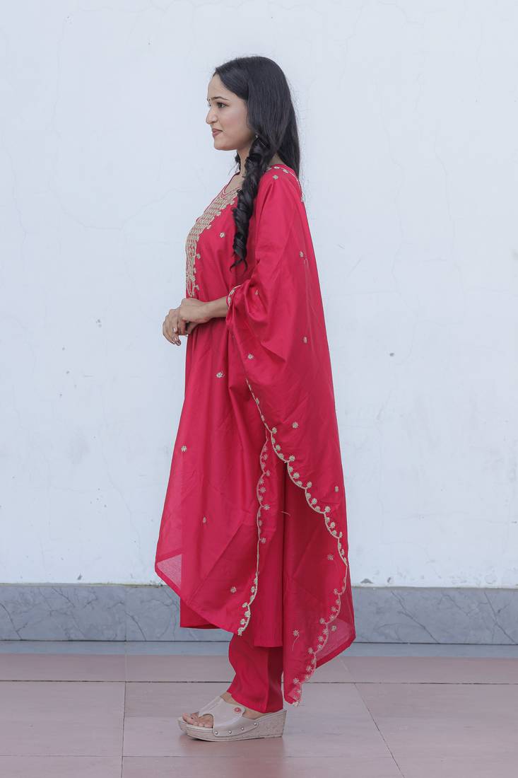 Viscose Chanderi Fabric Embroidery Work Rani Pink A-line Kurta Set