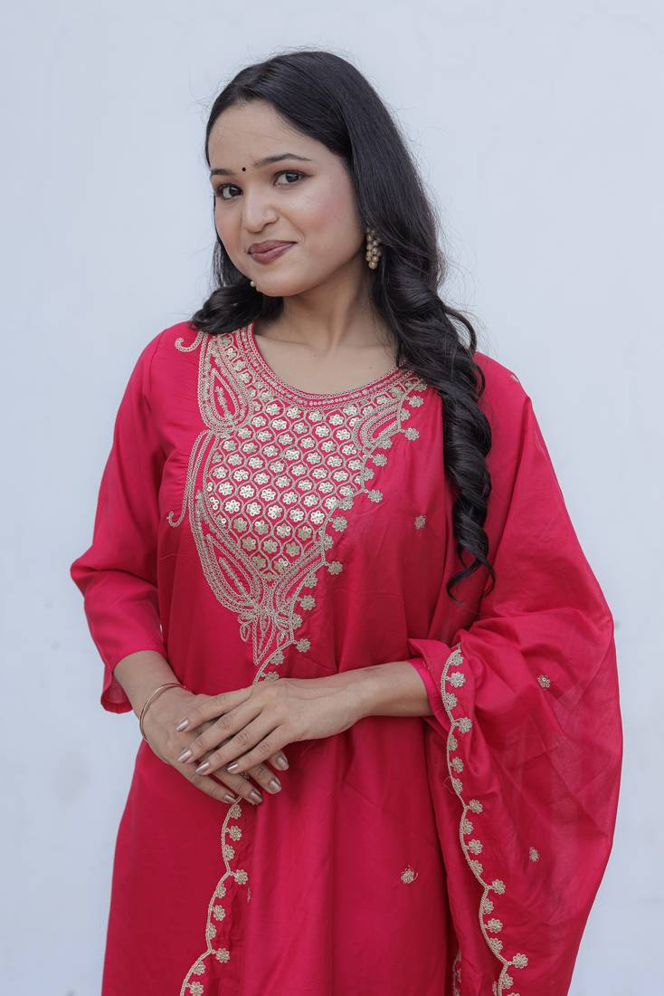 Viscose Chanderi Fabric Embroidery Work Rani Pink A-line Kurta Set