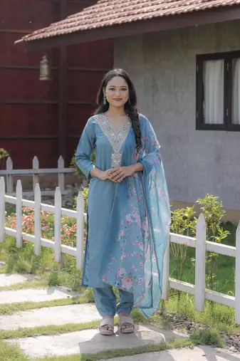 Viscose Rayon Fabric Embroidery Work Cyan A-line Kurta Set