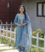 Viscose Rayon Fabric Embroidery Work Cyan A-line Kurta Set