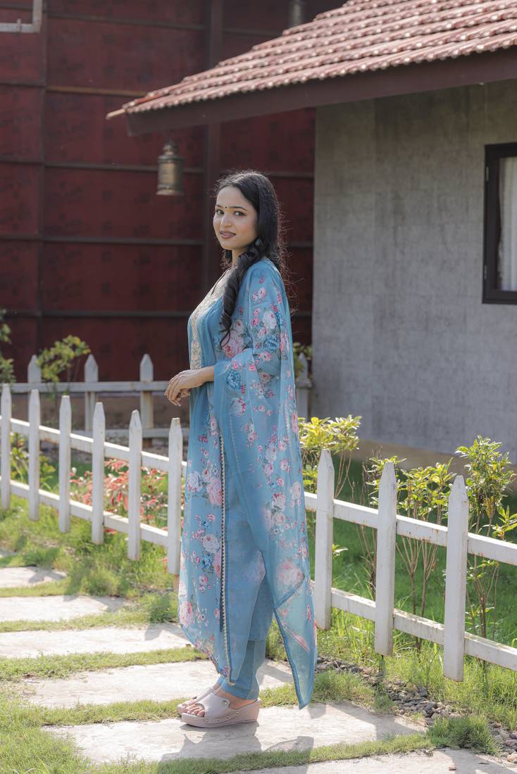 Viscose Rayon Fabric Embroidery Work Cyan A-line Kurta Set