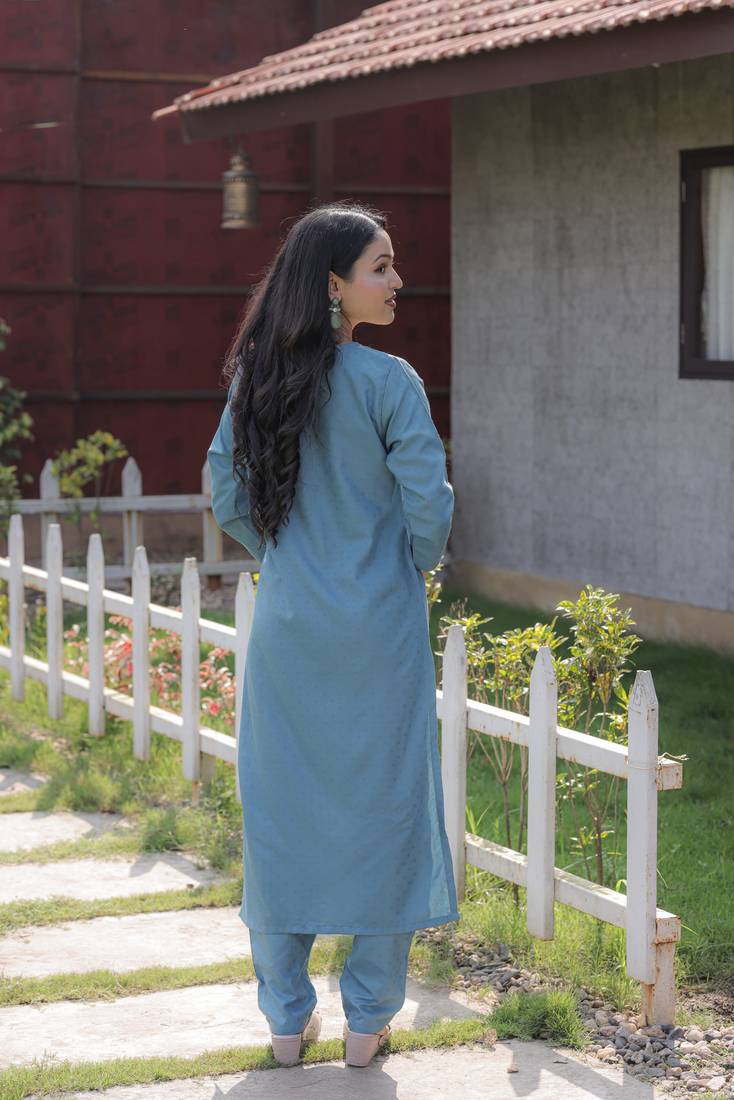 Viscose Rayon Fabric Embroidery Work Cyan A-line Kurta Set