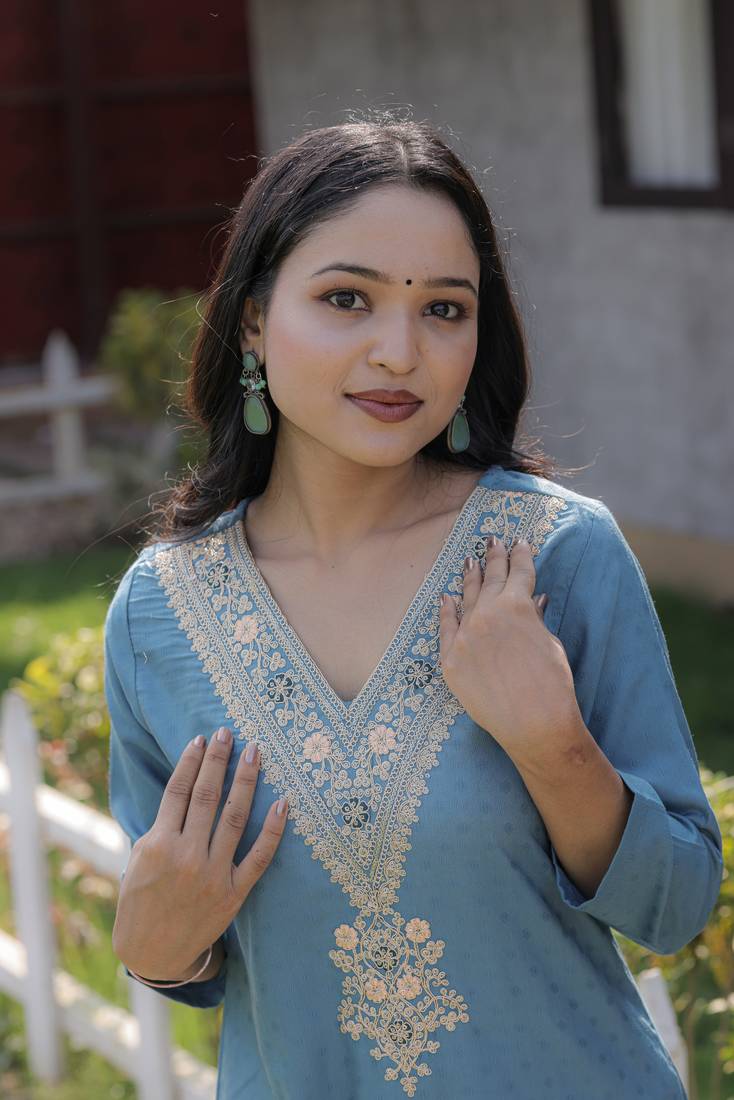 Viscose Rayon Fabric Embroidery Work Cyan A-line Kurta Set