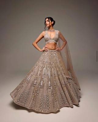 Beige Lehenga Choli With Embroidery Work And Heavy Sequins Work 1