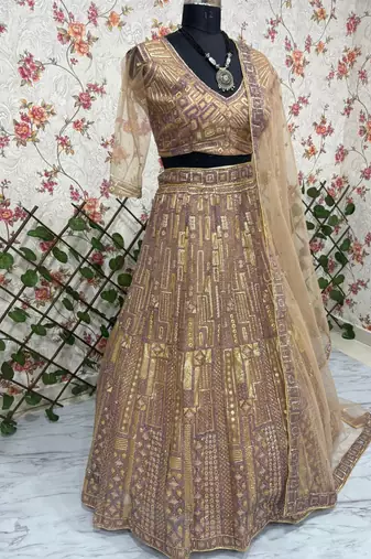 Beige Lehenga Choli With Embroidery Work And Heavy Sequins Work