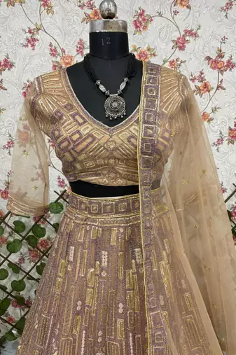 Beige Lehenga Choli With Embroidery Work And Heavy Sequins Work
