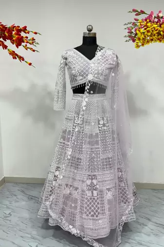 Lavender Embroidererd Georgette Lehenga Set With Dupatta