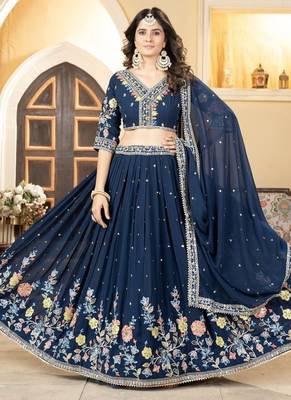 Blue Faux Georgette Lehenga Choli With Thread Embroidery 1