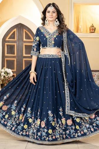 Most Trending Blue Faux Georgette Lehenga Choli With Thread Embroidery