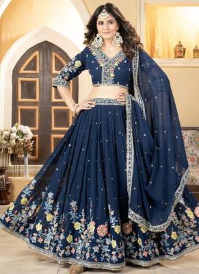 Blue Faux Georgette Lehenga Choli With Thread Embroidery 2