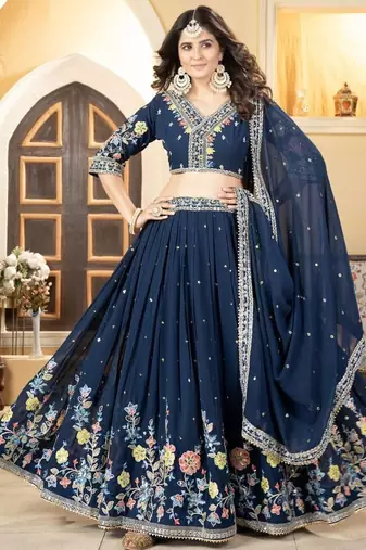 Blue Faux Georgette Lehenga Choli With Thread Embroidery