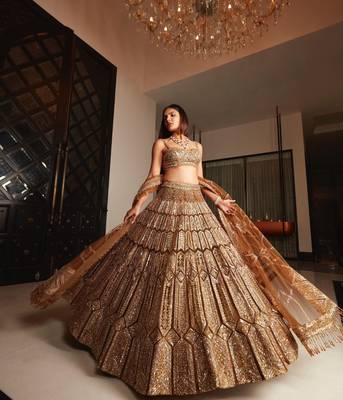 Golden Brown Dori Sequins Embroidery Work Silk Lehenga Choli 1