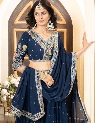 Blue Faux Georgette Lehenga Choli With Thread Embroidery 3