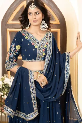 Blue Faux Georgette Lehenga Choli With Thread Embroidery