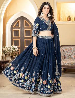 Blue Faux Georgette Lehenga Choli With Thread Embroidery 4