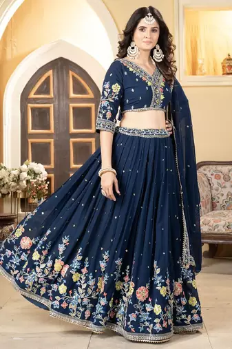 Blue Faux Georgette Lehenga Choli With Thread Embroidery