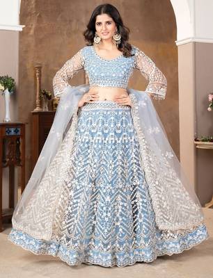 Blue Embroidered Net Lehenga Set With Dupatta 1