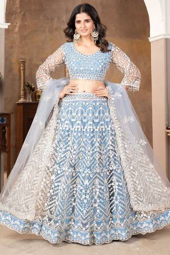 Blue Embroidered Net Lehenga Set With Dupatta