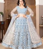 Blue Embroidered Net Lehenga Set With Dupatta