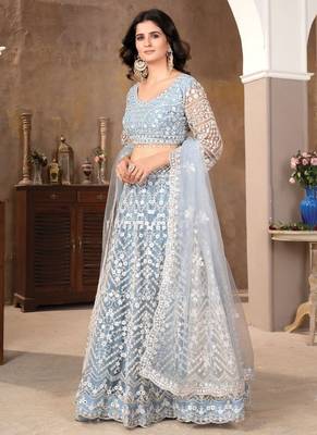 Blue Embroidered Net Lehenga Set With Dupatta 3