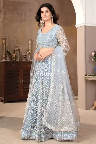 Blue Embroidered Net Lehenga Set With Dupatta