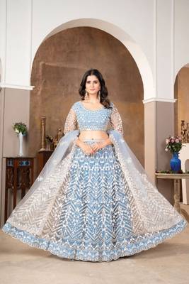 Blue Embroidered Net Lehenga Set With Dupatta 4