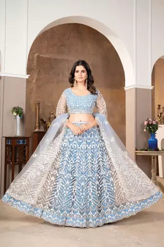 Blue Embroidered Net Lehenga Set With Dupatta