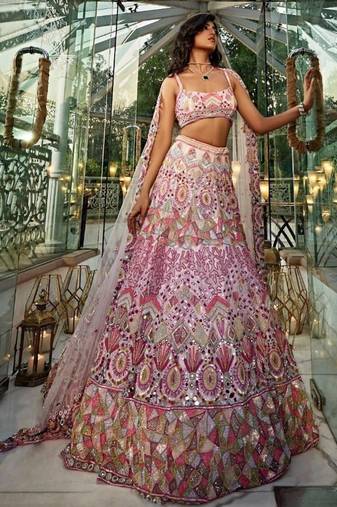 Women's Pink Thread Embroidered Georgette Lehenga Set