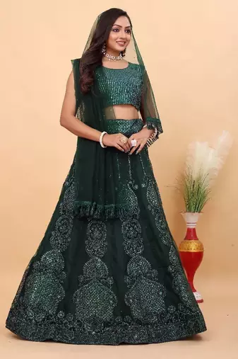 Multi Color Embroidered Silk Lehenga Set With Dupatta