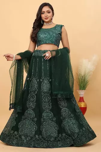 Multi Color Embroidered Silk Lehenga Set With Dupatta