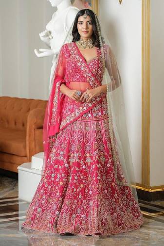 Pink Thread Embroidered Malai Satin Silk Lehenga Set