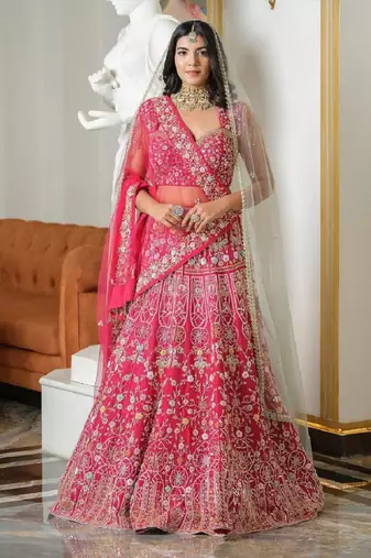 Pink Thread Embroidered Malai Satin Silk Lehenga Set