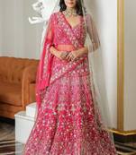 Pink Thread Embroidered Malai Satin Silk Lehenga Set