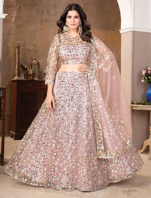 Peach Sequin Embroidered Satin Lehenga Set 1