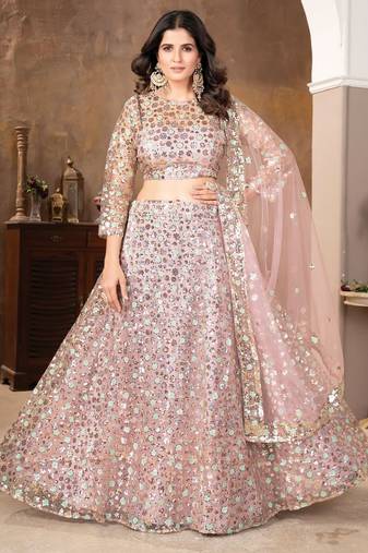 Peach Sequin Embroidered Satin Lehenga Set